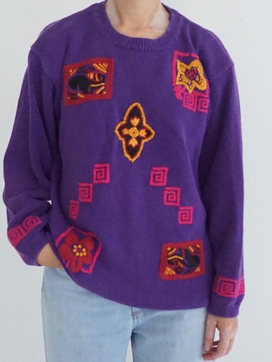 Sweaters - Vintage Collections Internationale Purple Floral Geometric Cotton Sweater XL